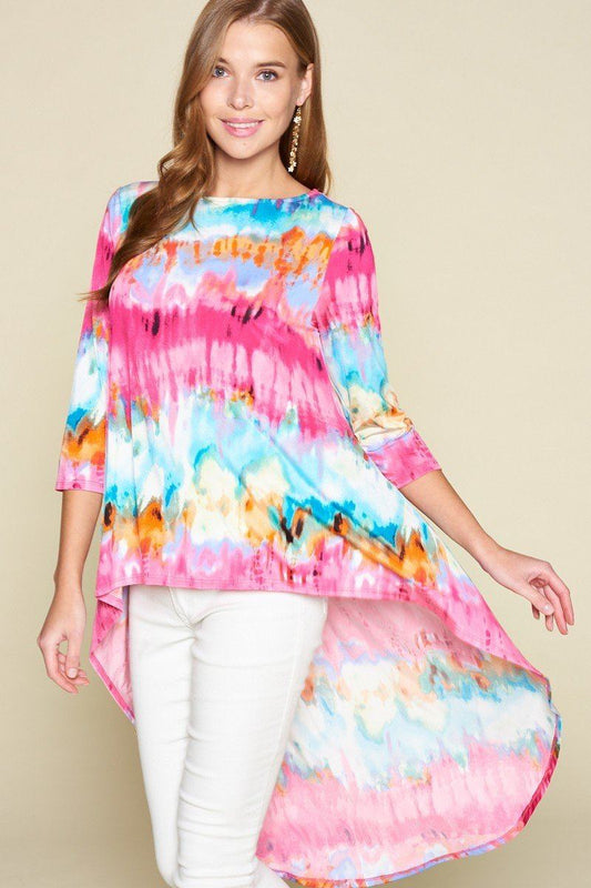 Tie-dye Venechia High Low Fashion Top With 3/4 Sleeves - Absolute Fashion 2020
