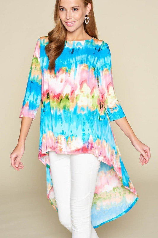 Tie-dye Venechia High Low Fashion Top With 3/4 Sleeves - Absolute Fashion 2020