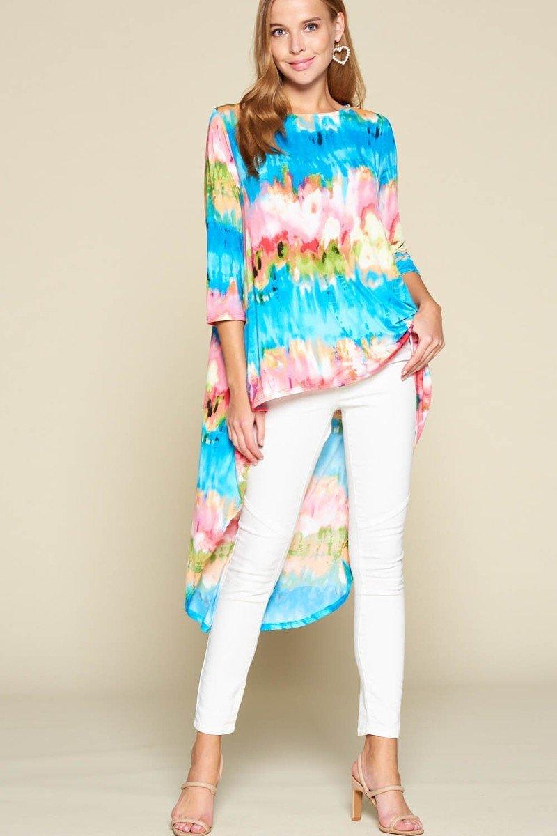 Tie-dye Venechia High Low Fashion Top With 3/4 Sleeves - Absolute Fashion 2020