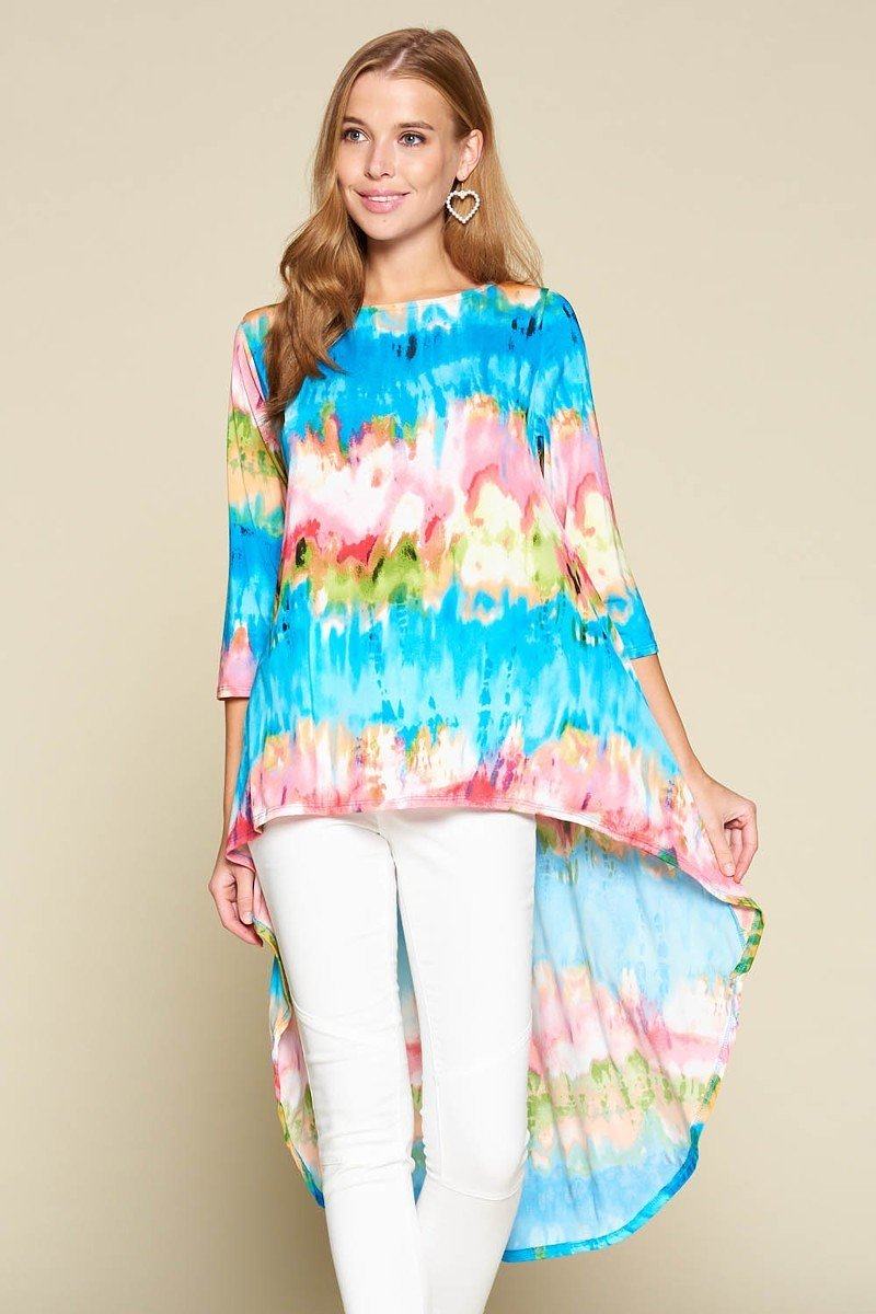 Tie-dye Venechia High Low Fashion Top With 3/4 Sleeves - Absolute Fashion 2020