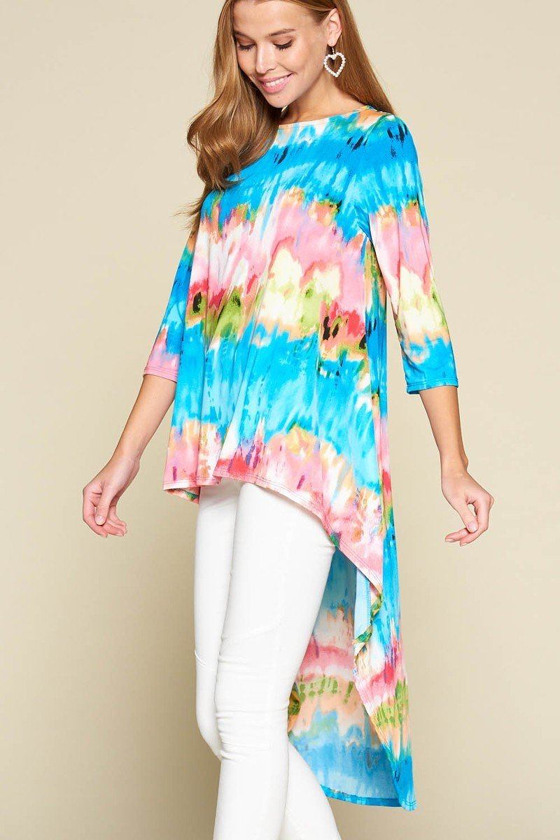 Tie-dye Venechia High Low Fashion Top With 3/4 Sleeves - Absolute Fashion 2020