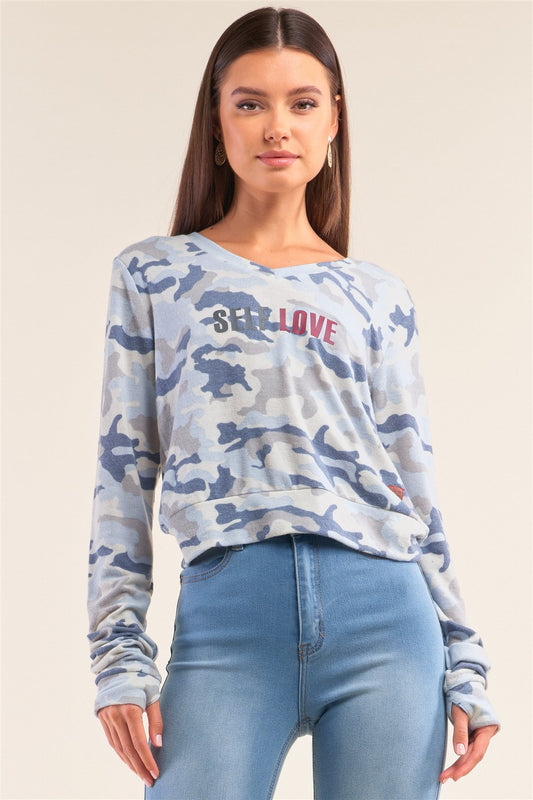 Camo Blue Long Sleeve V-neck "self Love" Comfy Top - Absolute Fashion 2020