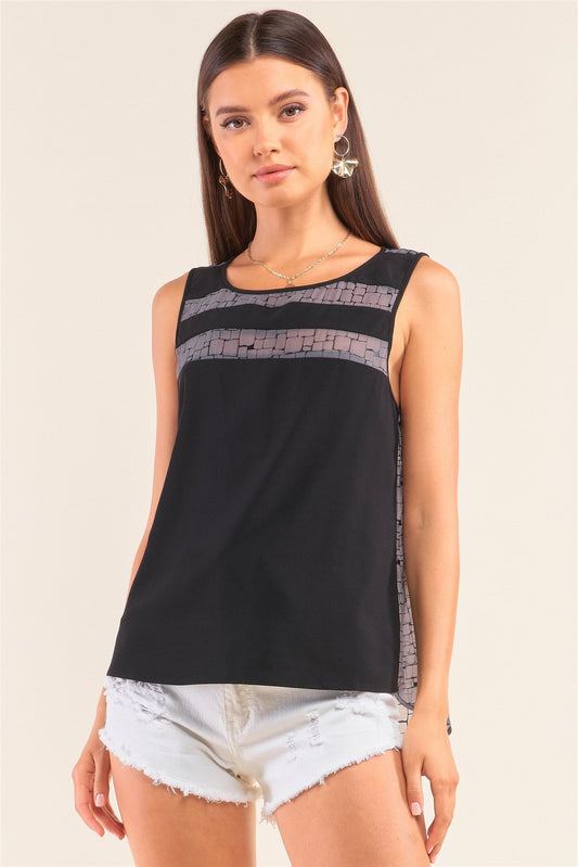 Grey And Black Sleeveless Relaxed Fit Brick Pattern Print Mesh Round Neck Top - Absolute Fashion 2020