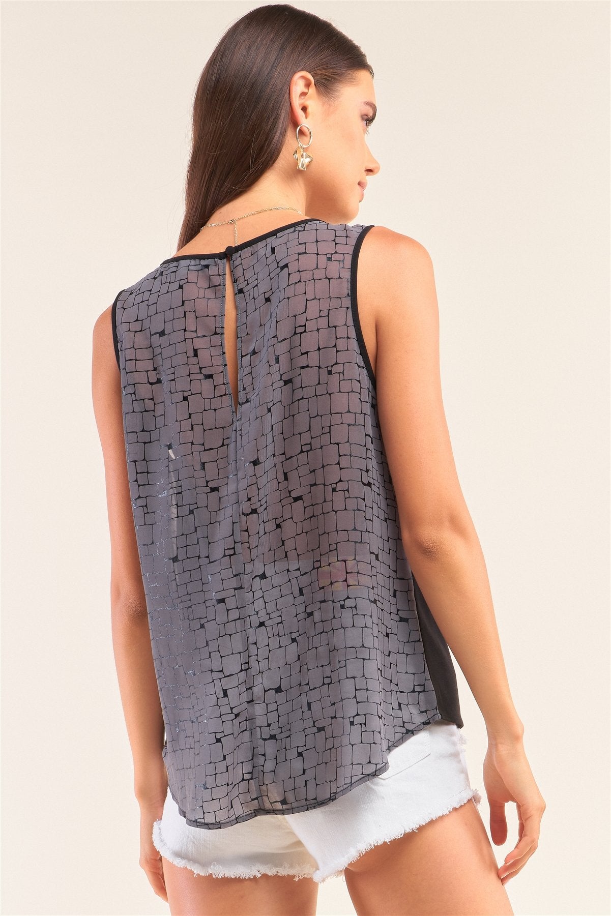Grey And Black Sleeveless Relaxed Fit Brick Pattern Print Mesh Round Neck Top - Absolute Fashion 2020