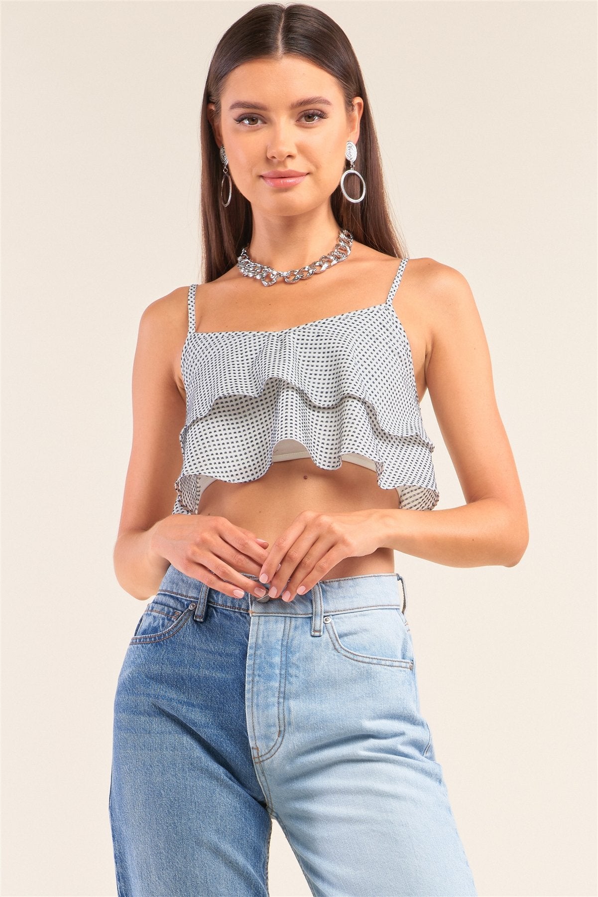 White And Navy Sleeveless Polka Square Layered Smock Back Cropped Top - Absolute Fashion 2020
