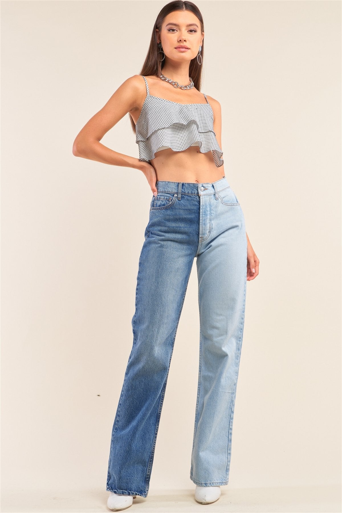 White And Navy Sleeveless Polka Square Layered Smock Back Cropped Top - Absolute Fashion 2020