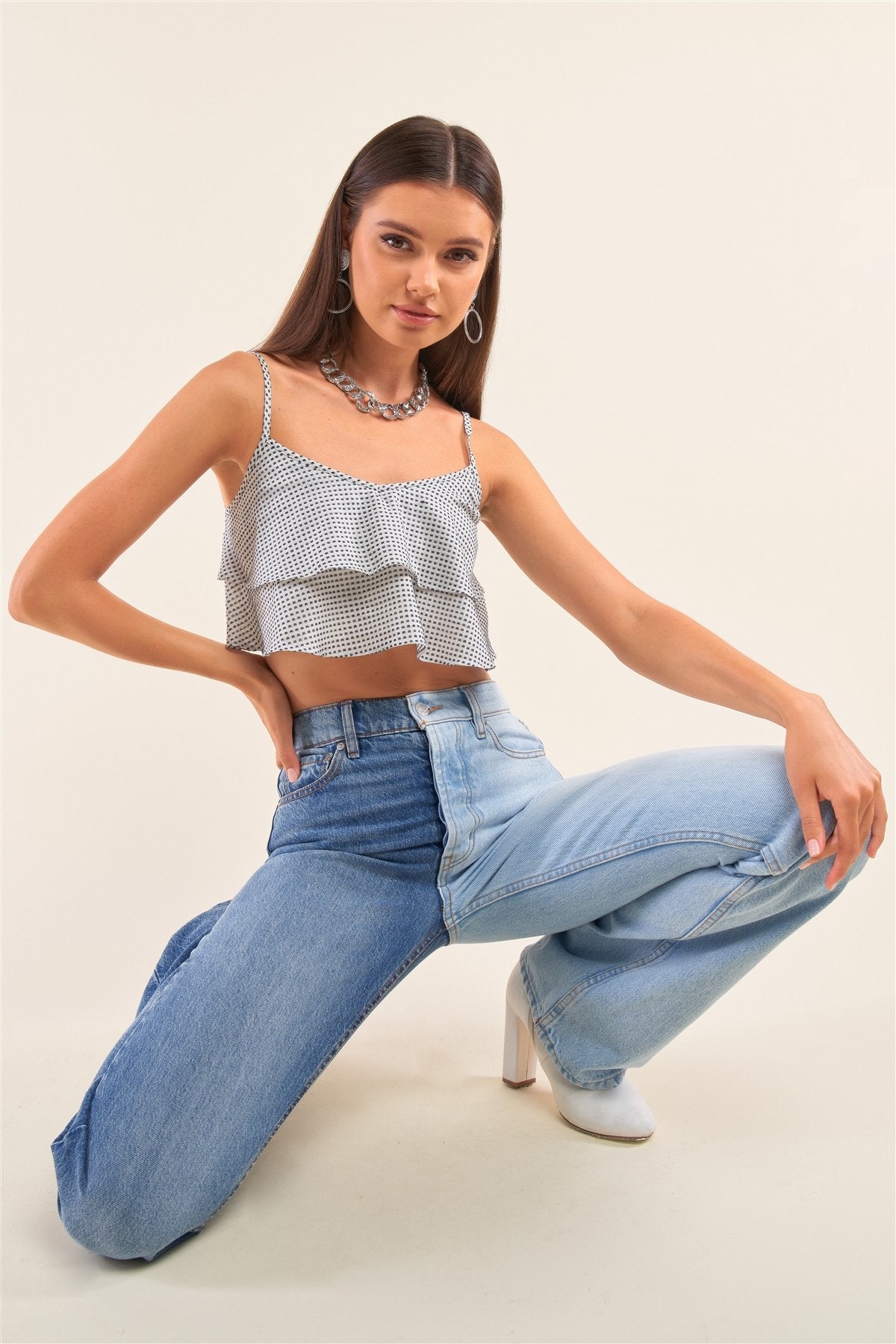 White And Navy Sleeveless Polka Square Layered Smock Back Cropped Top - Absolute Fashion 2020