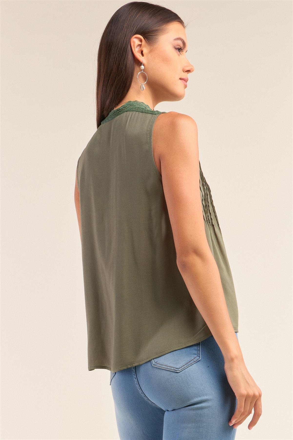 Forest Green Sleeveless Crochet Embroidered Hem Pleated Babydoll Top - Absolute Fashion 2020