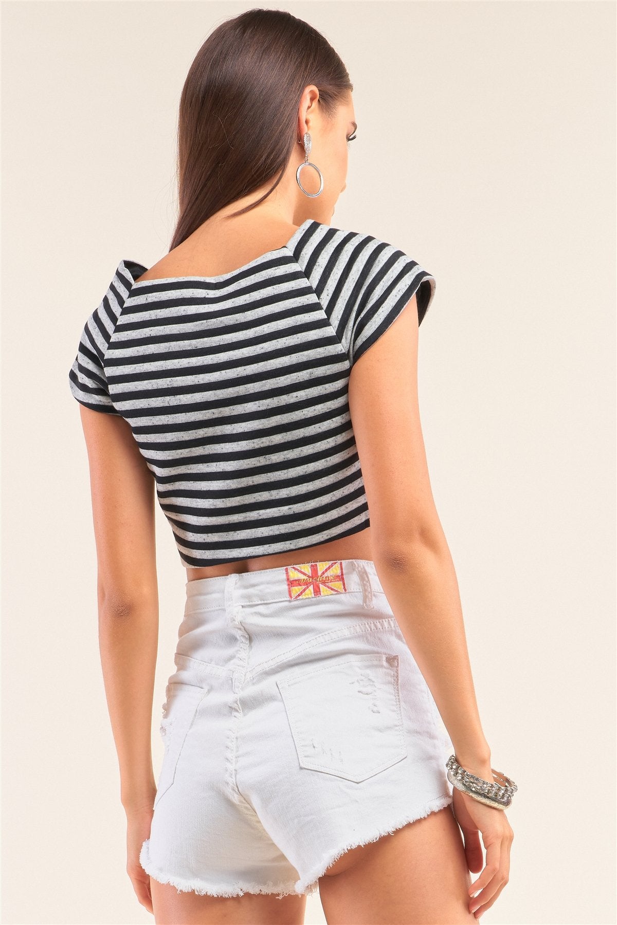 Black And Grey Striped Square Neck Mini Sleeve Cropped Top - Absolute Fashion 2020