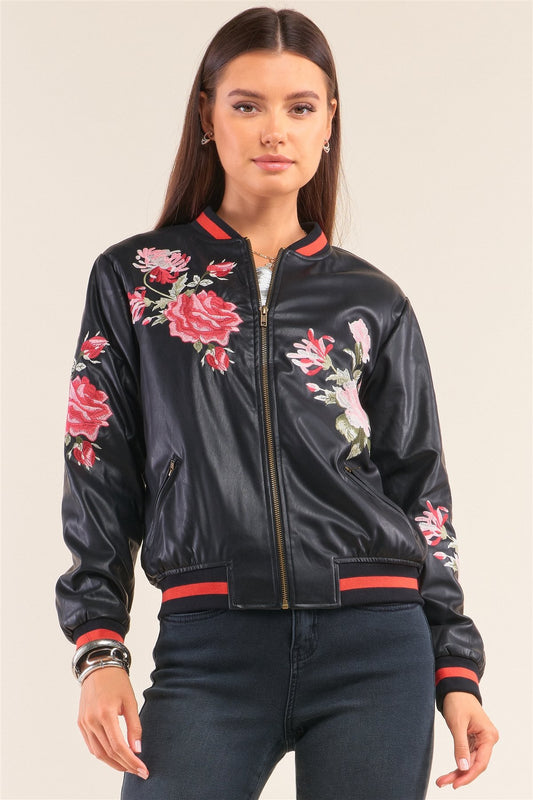 Rosa Black Vegan Leather Floral Embroidery Striped Hem Bomber Jacket - Absolute Fashion 2020