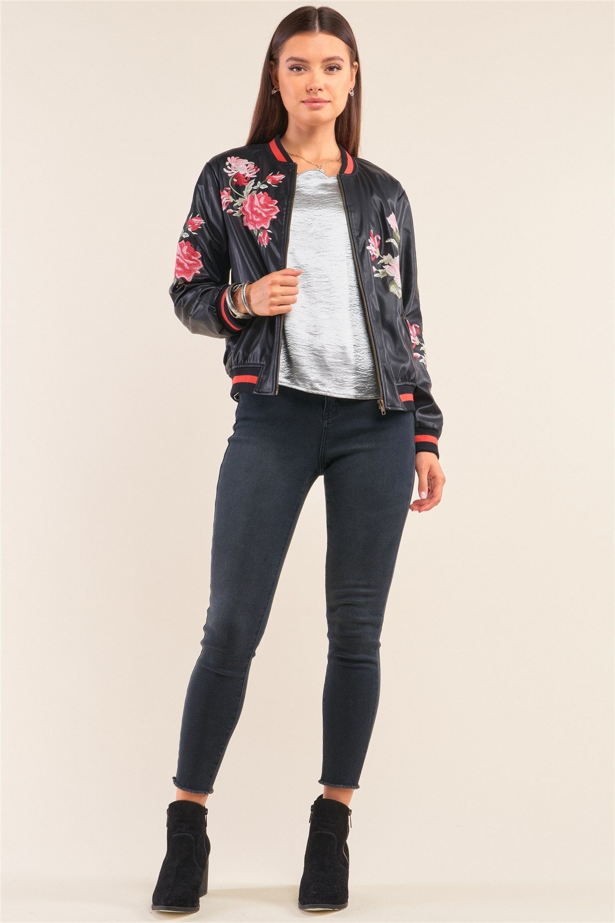 Rosa Black Vegan Leather Floral Embroidery Striped Hem Bomber Jacket - Absolute Fashion 2020