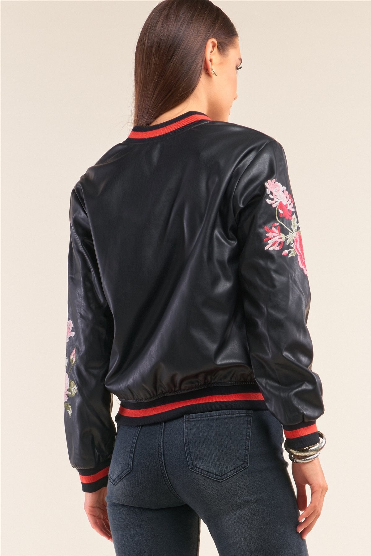 Rosa Black Vegan Leather Floral Embroidery Striped Hem Bomber Jacket - Absolute Fashion 2020
