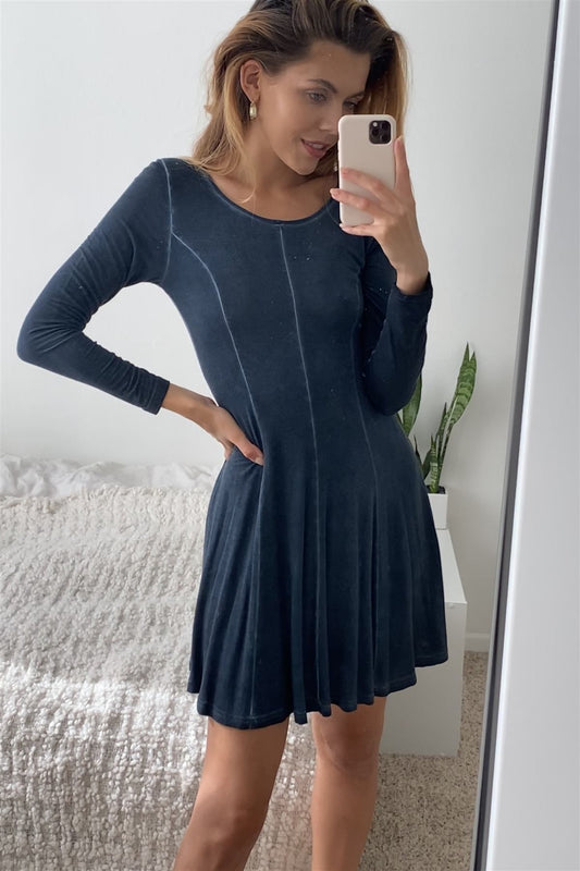 Boho Navy Blue Acid Wash Long Sleeves Swing Dress - Absolute Fashion 2020