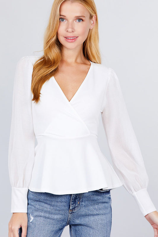 Puff Sleeve V-neck Peplum Top - Absolute Fashion 2020