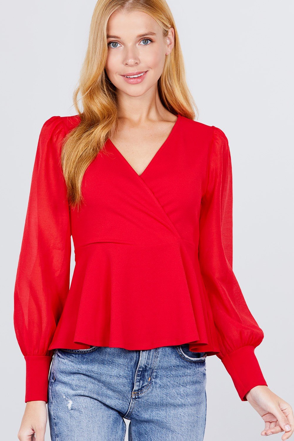 Puff Sleeve V-neck Peplum Top - Absolute Fashion 2020