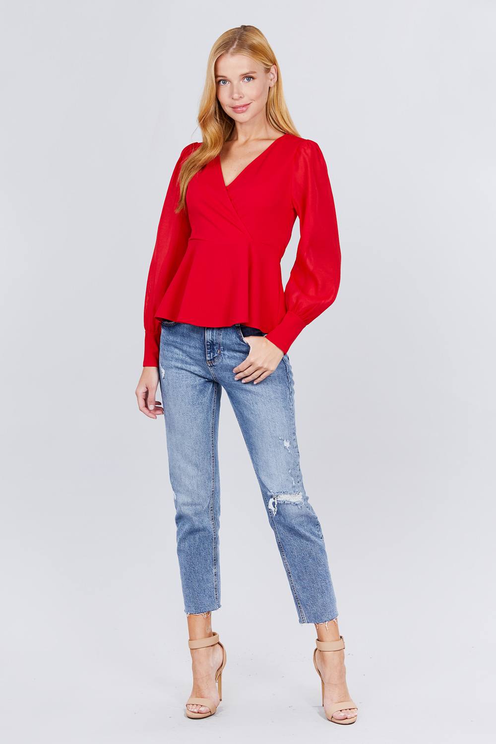 Puff Sleeve V-neck Peplum Top - Absolute Fashion 2020