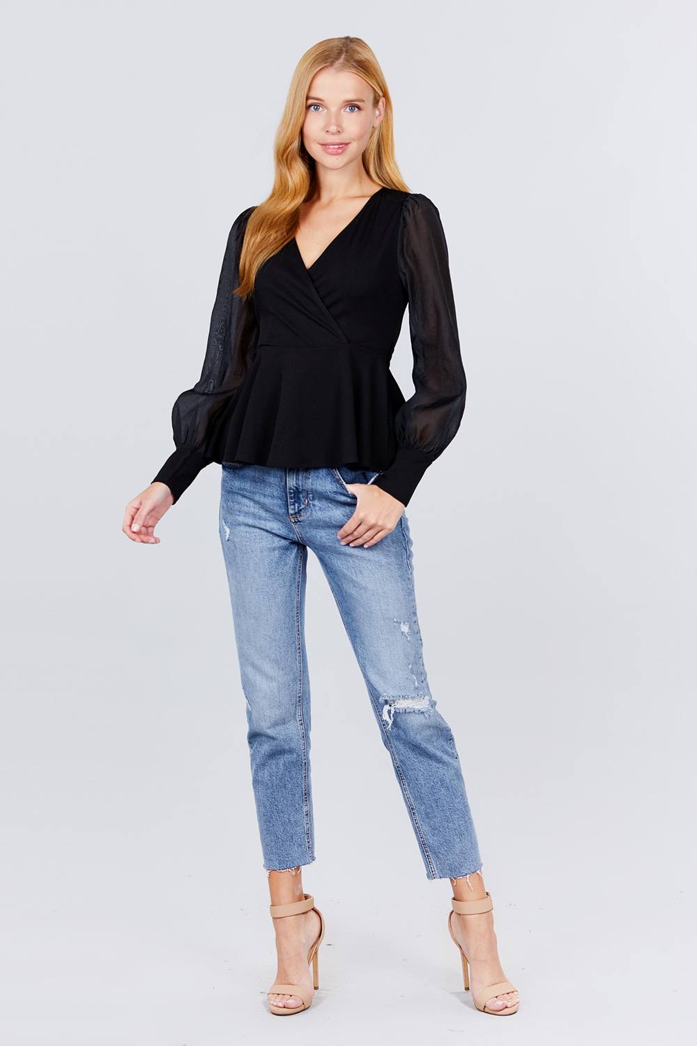 Puff Sleeve V-neck Peplum Top - Absolute Fashion 2020