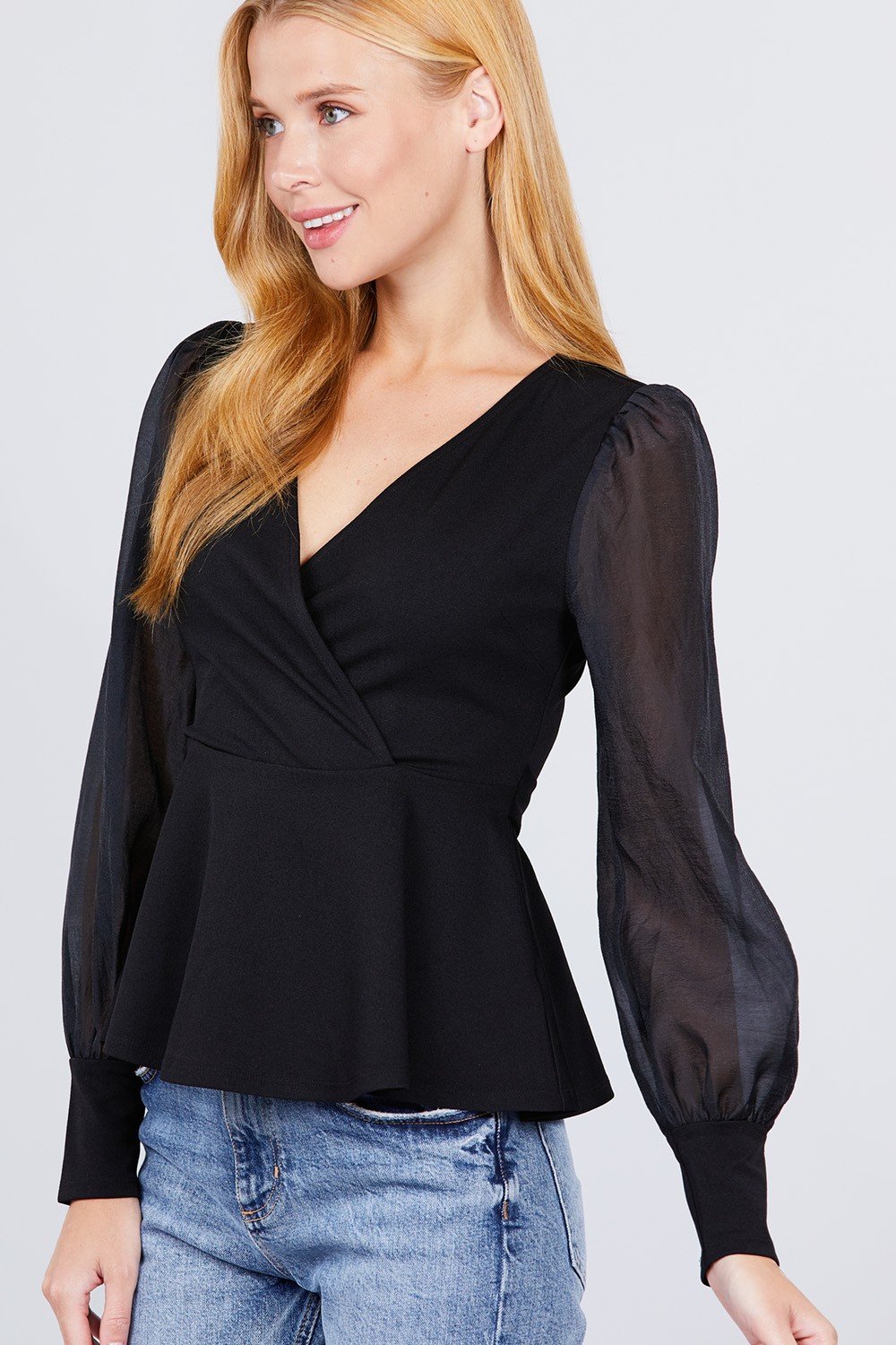 Puff Sleeve V-neck Peplum Top - Absolute Fashion 2020