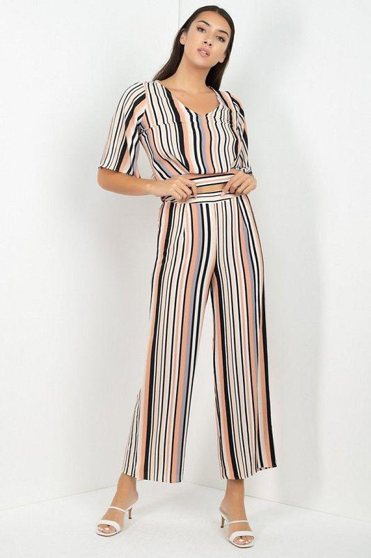 Stripped Scoop Neck Top Wide Leg Pants Set - Absolute Fashion 2020