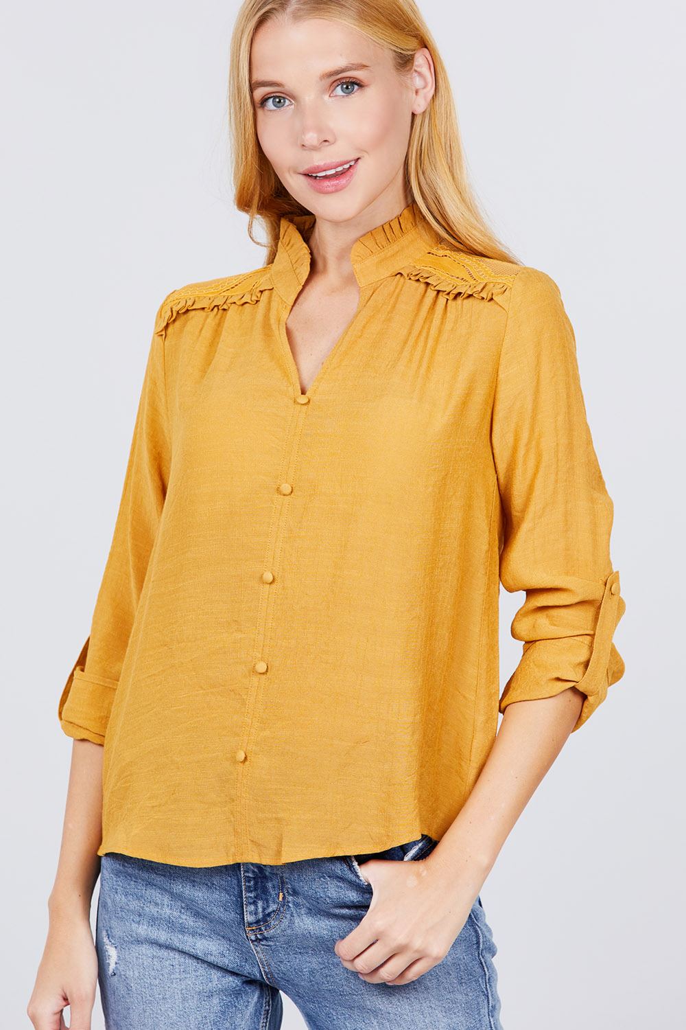 V-neck Button Down Woven Top - Absolute Fashion 2020