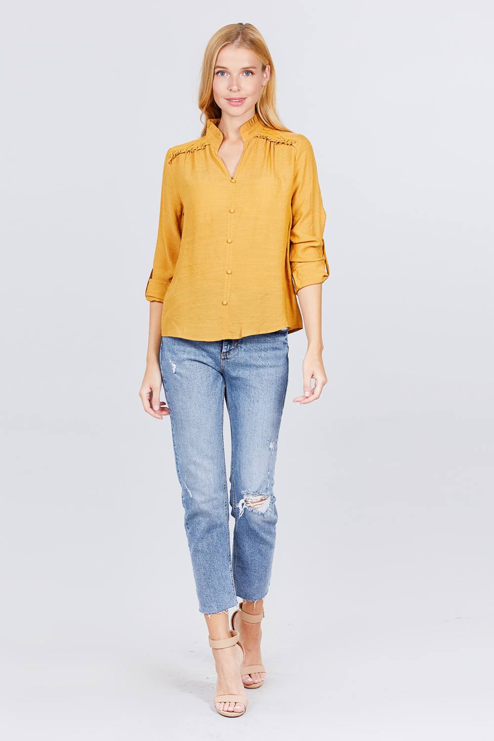 V-neck Button Down Woven Top - Absolute Fashion 2020