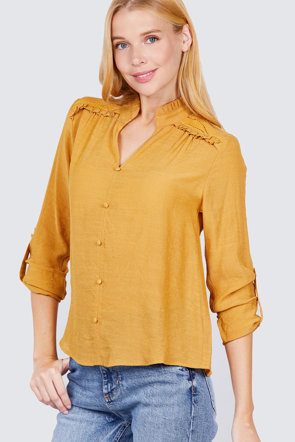 V-neck Button Down Woven Top - Absolute Fashion 2020