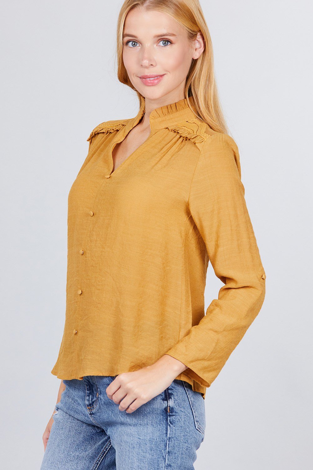 V-neck Button Down Woven Top - Absolute Fashion 2020