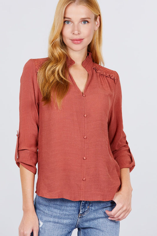 V-neck Button Down Woven Top - Absolute Fashion 2020