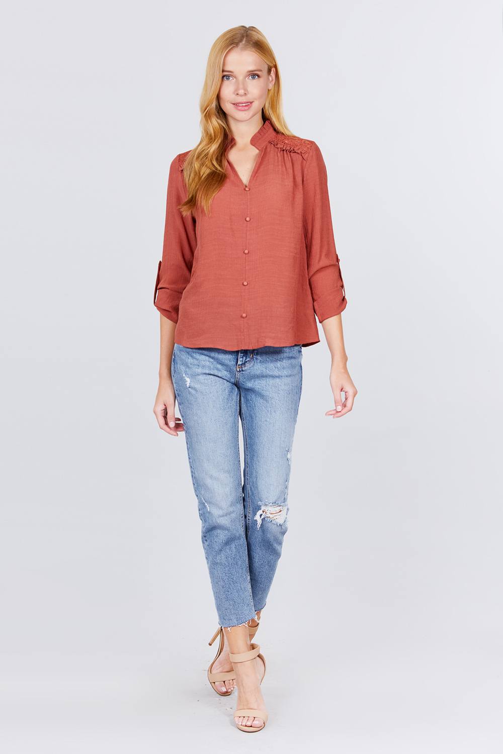 V-neck Button Down Woven Top - Absolute Fashion 2020