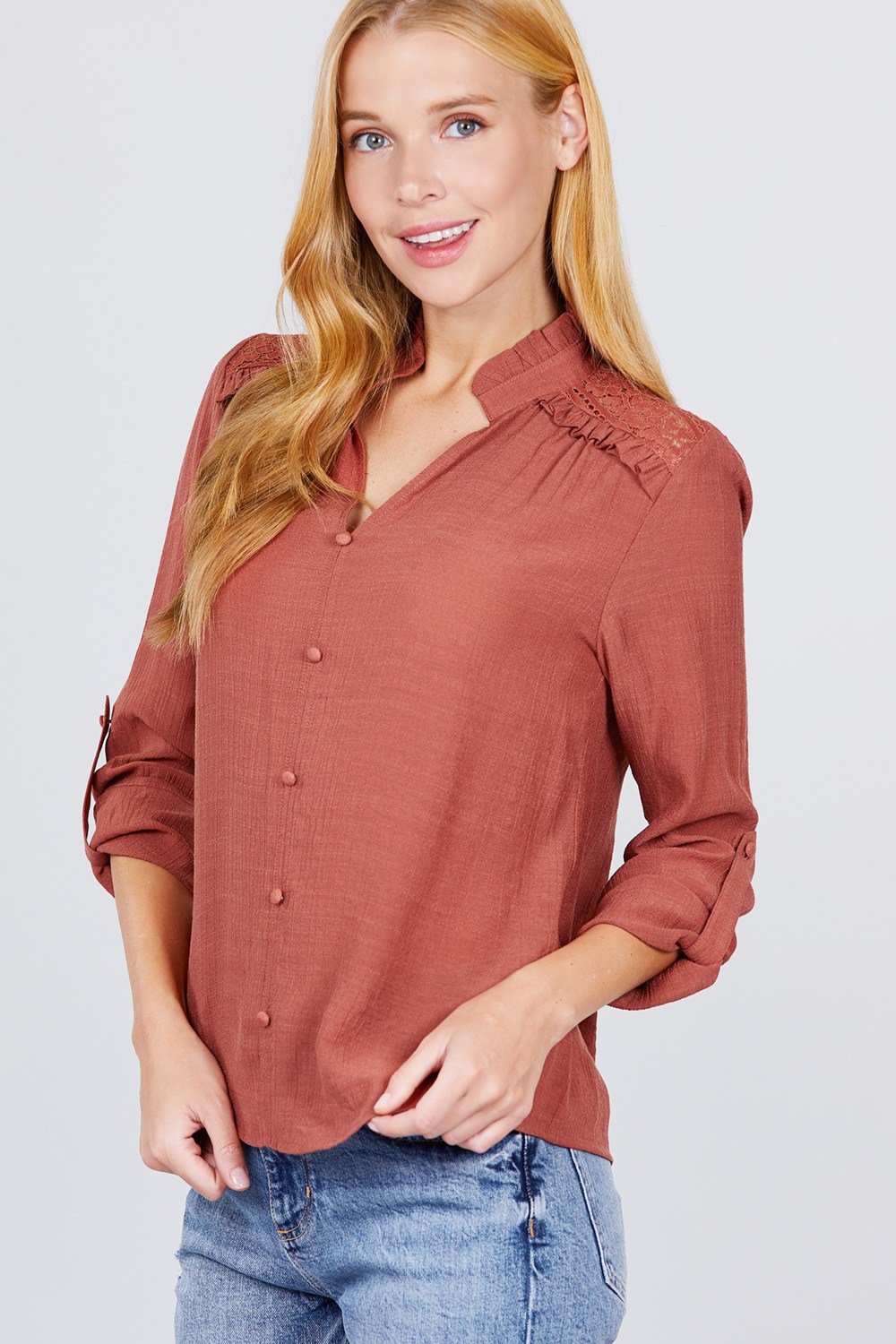 V-neck Button Down Woven Top - Absolute Fashion 2020