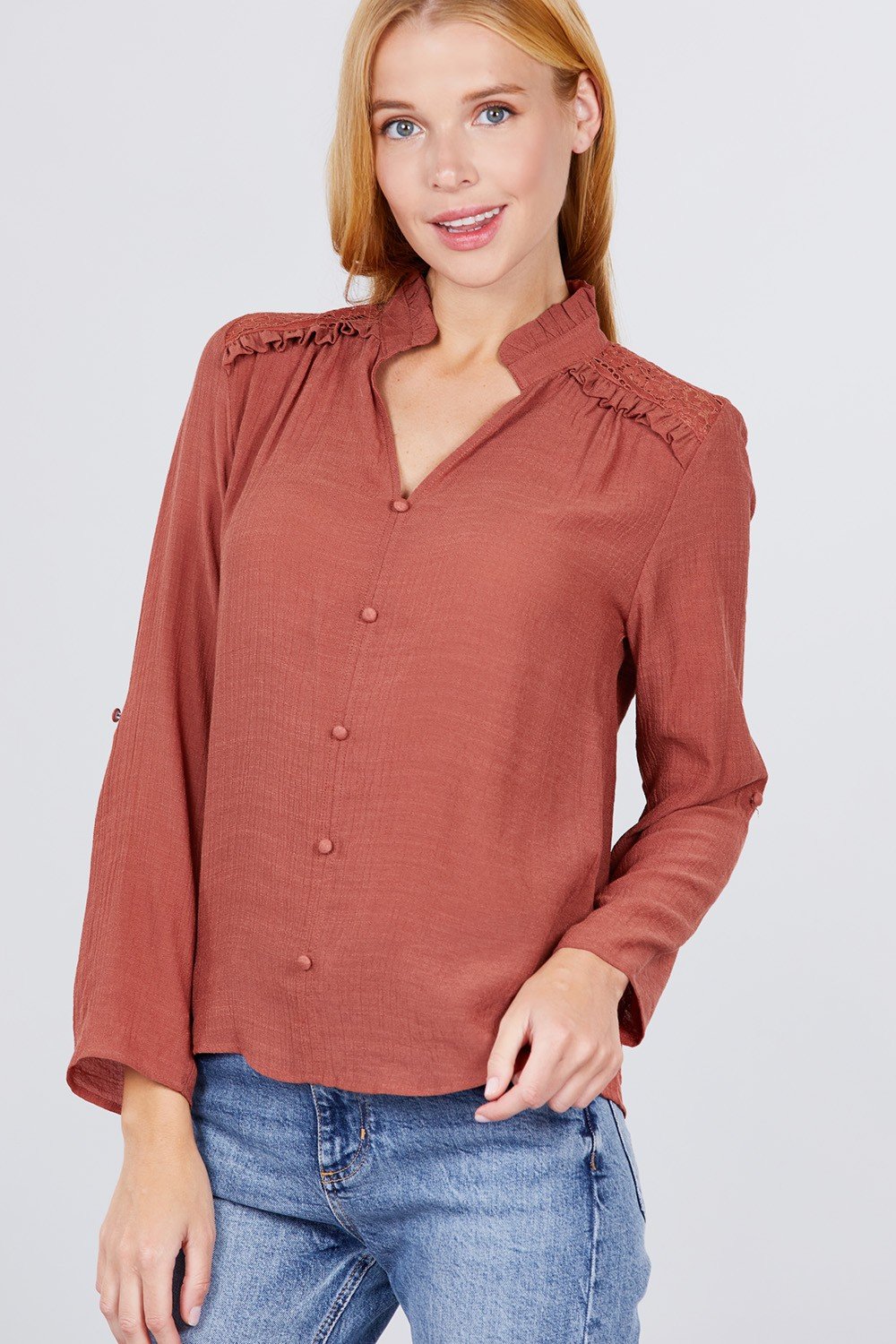 V-neck Button Down Woven Top - Absolute Fashion 2020