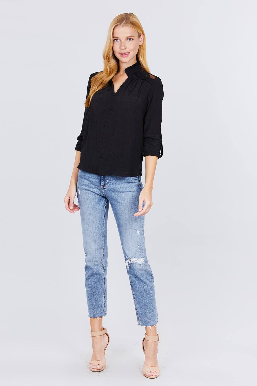 V-neck Button Down Woven Top - Absolute Fashion 2020