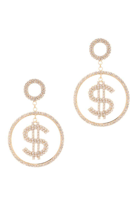 Rhinestone Dollar Sign Round Dangle Earring - Absolute Fashion 2020