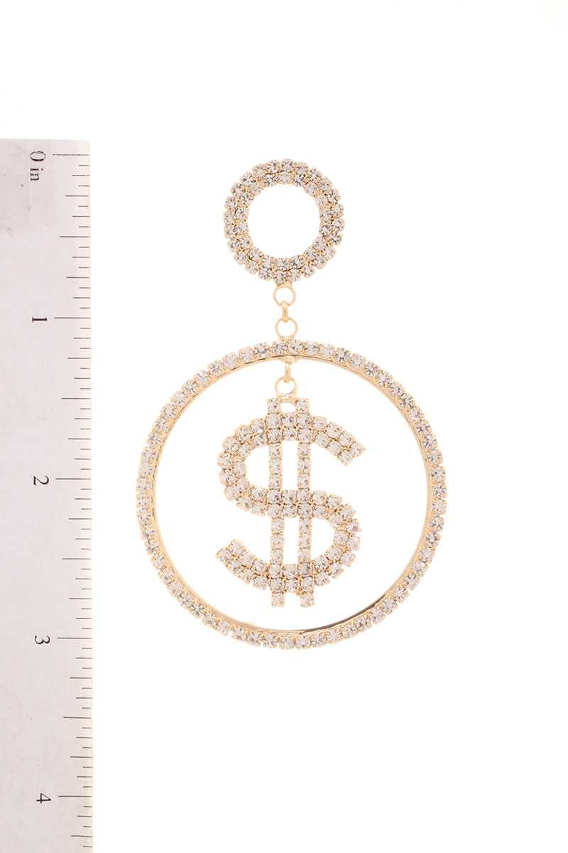 Rhinestone Dollar Sign Round Dangle Earring - Absolute Fashion 2020