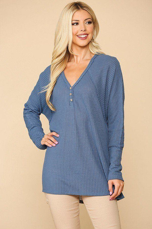 Waffle Knit And Woven Print Mixed Hi Low Flowy Tunic Top - Absolute Fashion 2020