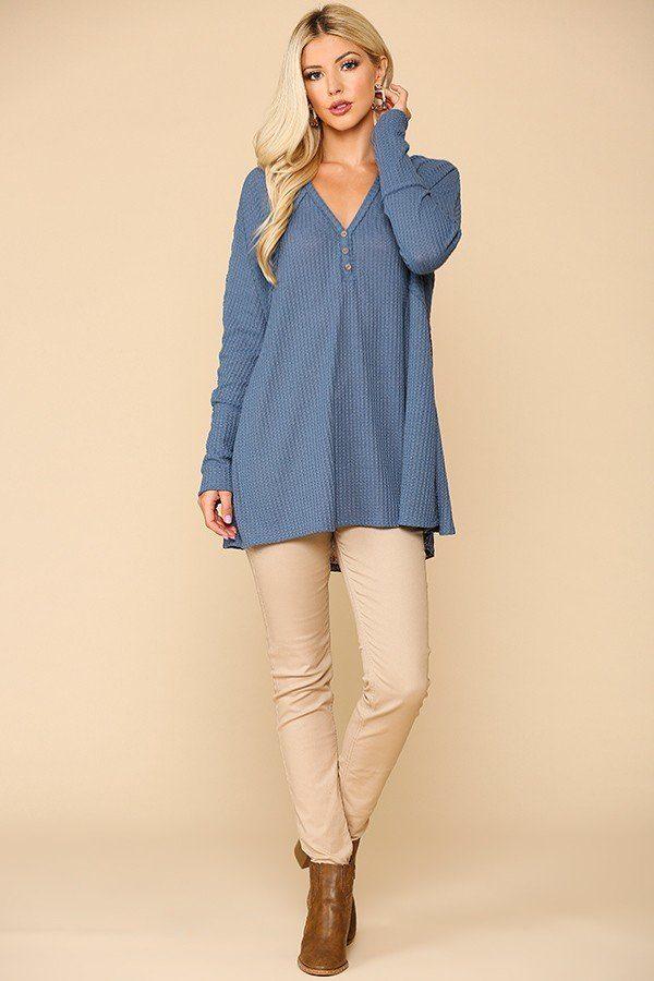 Waffle Knit And Woven Print Mixed Hi Low Flowy Tunic Top - Absolute Fashion 2020