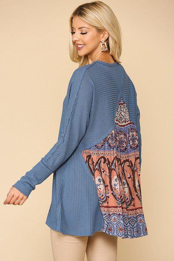Waffle Knit And Woven Print Mixed Hi Low Flowy Tunic Top - Absolute Fashion 2020