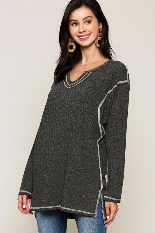 Two-tone Rib Tunic Top With Side Slits - Absolute Fashion 2020