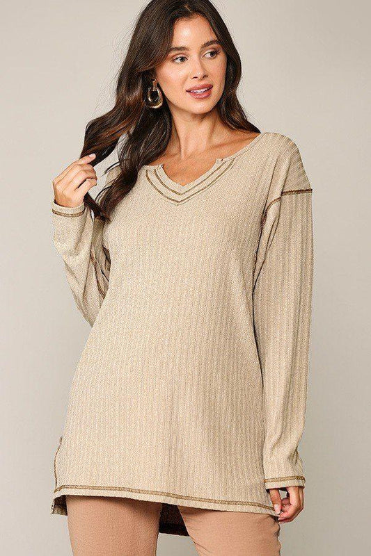 Two-tone Rib Tunic Top With Side Slits - Absolute Fashion 2020