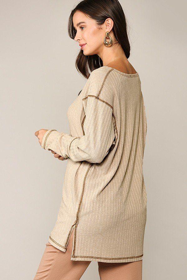 Two-tone Rib Tunic Top With Side Slits - Absolute Fashion 2020