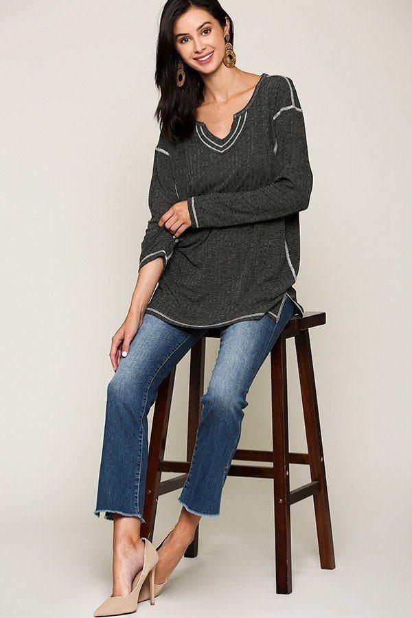 Two-tone Rib Tunic Top With Side Slits - Absolute Fashion 2020