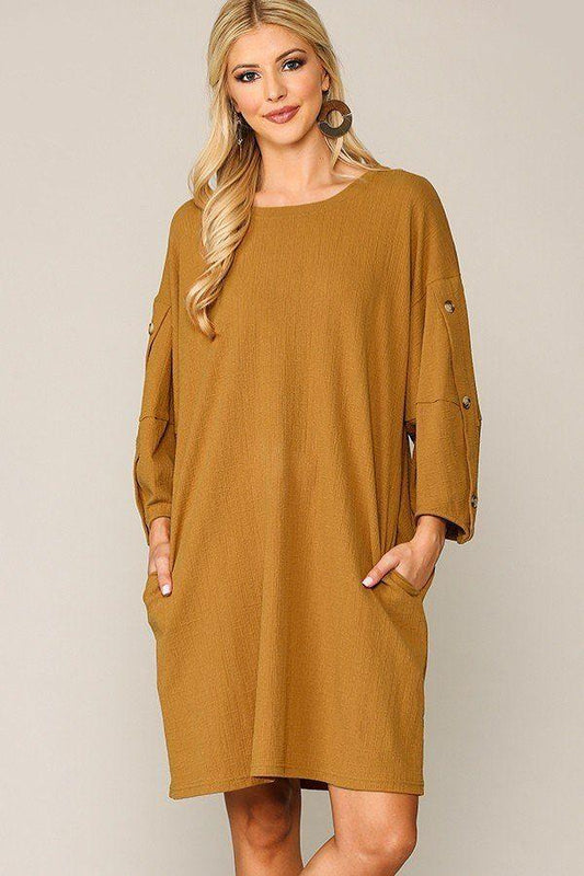 Textured Button Accent Puff Sleeve Side Pockets Shift Dress - Absolute Fashion 2020