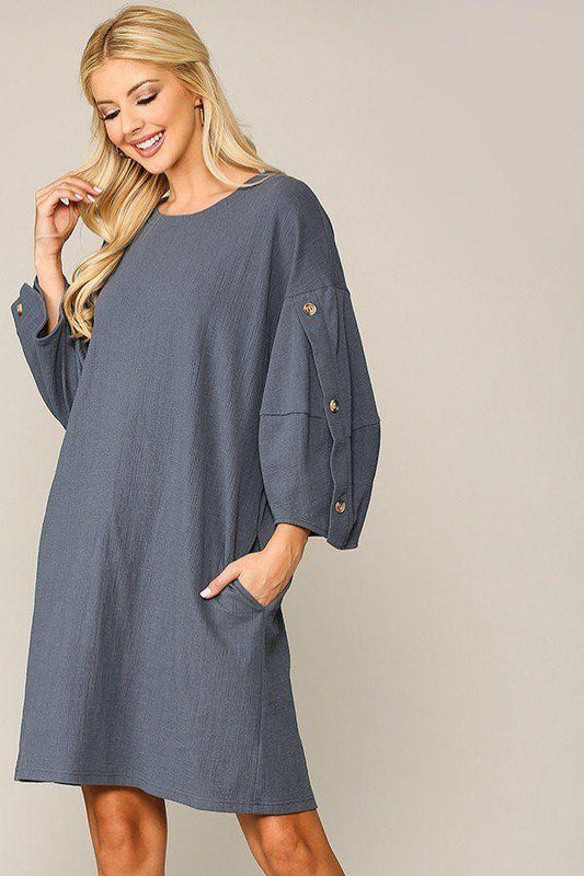 Textured Button Accent Puff Sleeve Side Pockets Shift Dress - Absolute Fashion 2020