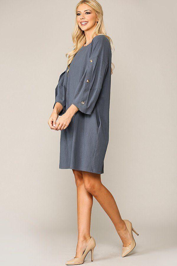 Textured Button Accent Puff Sleeve Side Pockets Shift Dress - Absolute Fashion 2020