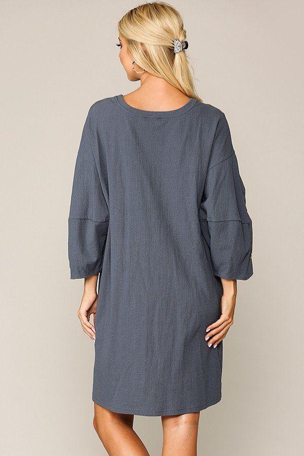 Textured Button Accent Puff Sleeve Side Pockets Shift Dress - Absolute Fashion 2020