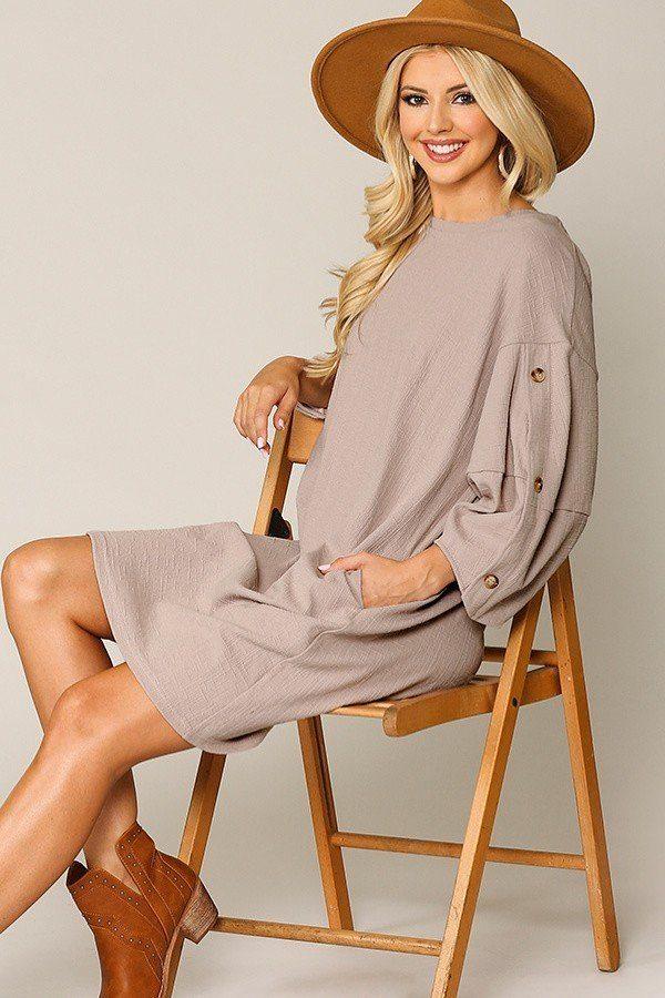 Textured Button Accent Puff Sleeve Side Pockets Shift Dress - Absolute Fashion 2020