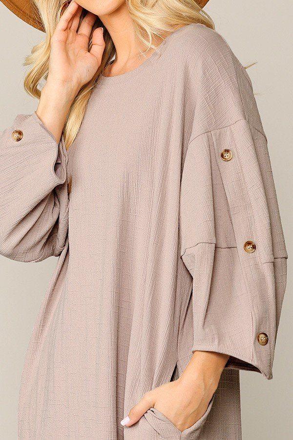 Textured Button Accent Puff Sleeve Side Pockets Shift Dress - Absolute Fashion 2020