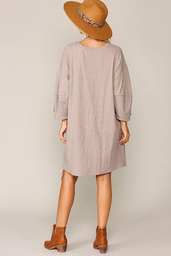 Textured Button Accent Puff Sleeve Side Pockets Shift Dress - Absolute Fashion 2020