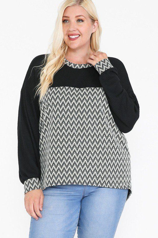 Jacquard Contrast With Drop Shoulder Long Sleeve Round Hem Top - Absolute Fashion 2020
