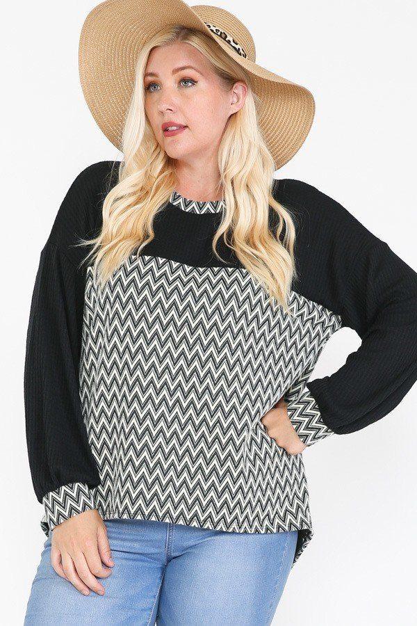 Jacquard Contrast With Drop Shoulder Long Sleeve Round Hem Top - Absolute Fashion 2020